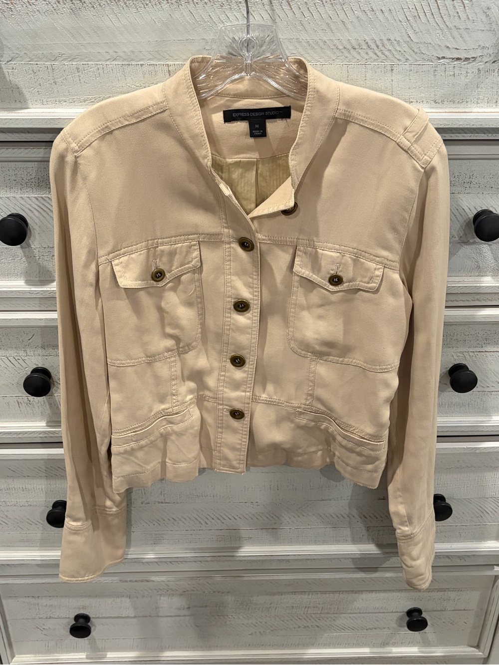 Express Design Studio 100% Silk Utility Jacket Beige Button Front M